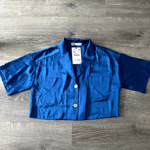 *NWT* Zara Royal Blue Crop Button Up Blouse Size XS - Picture 1 of 7
